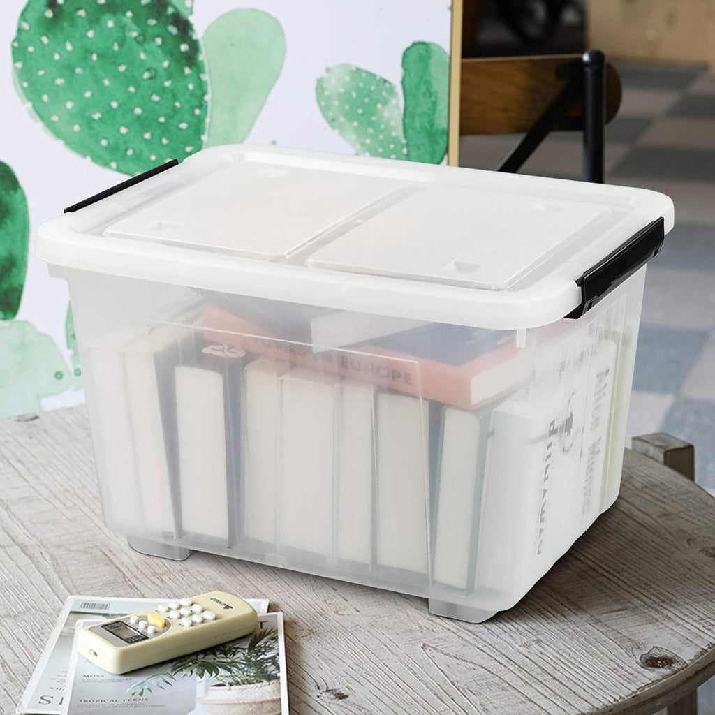 Bringer 4-Pack 30 L Clear Plastic Storage Box, Large Wheeled Storage Bin with lid