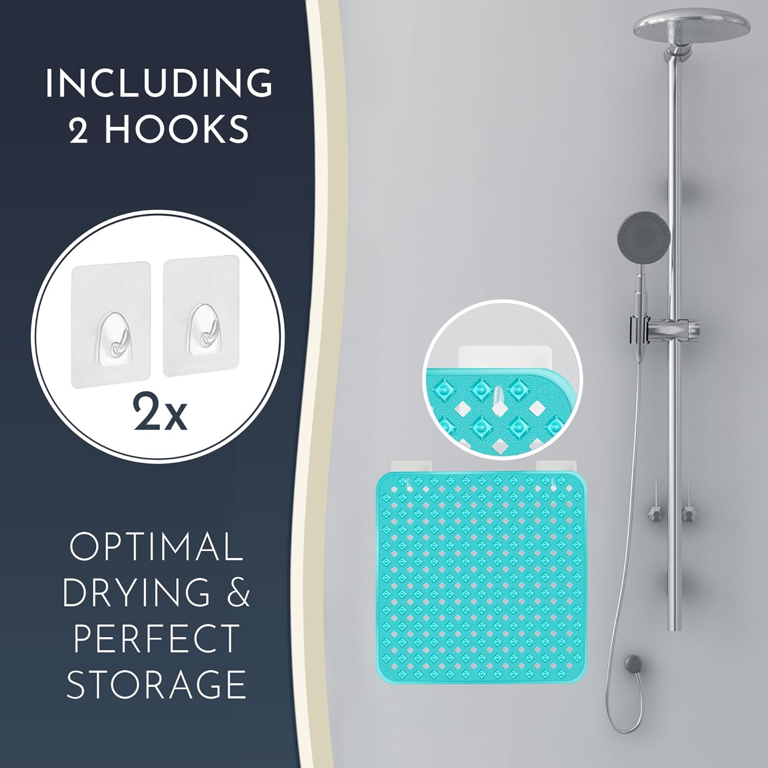 Homerella Anti Slip Shower Mat | Anti Mold Non Slip Bathtub Mat for Inside Shower | Square Floor Shower Mat 21 x 21 inch with Suction Cups for Grip & Hooks Hanging and Quick Drying | Machine Washable