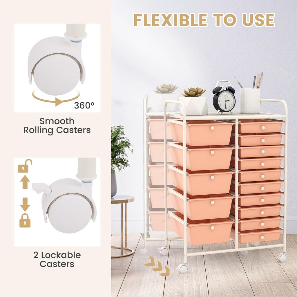 GOFLAME 15-Drawer Rolling Storage Cart, Multipurpose Movable Organizer Cart, Utility Cart for Home, Office, School, Peach Fuzz, 53825HW-GL