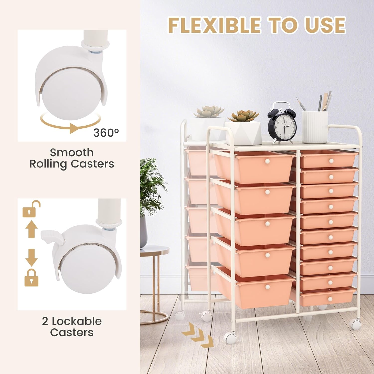 GOFLAME 15-Drawer Rolling Storage Cart, Multipurpose Movable Organizer Cart, Utility Cart for Home, Office, School, Peach Fuzz, 53825HW-GL
