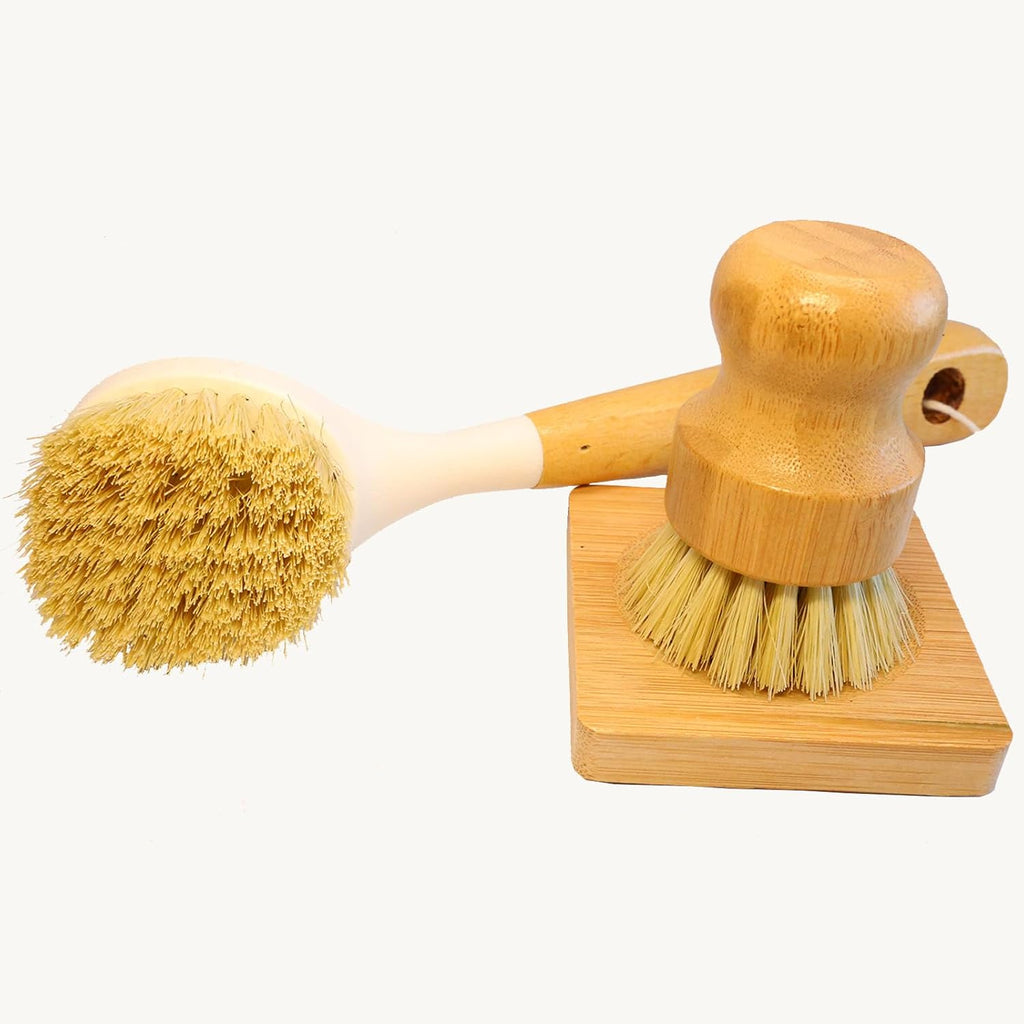 Natural Bristle Dish Brush Set, 1 Wooden Dish Brush and 1 Bamboo Dish Brush with 1 Bamboo Drainer Tray, All Circle Kitchen Scrub Brush for Dishes