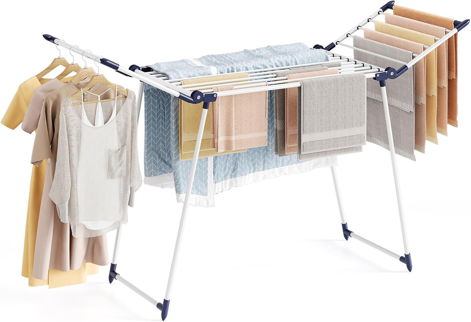 APEXCHASER Clothes Drying Rack Foldable, Large Drying Rack Clothing, Winged Laundry Rack Folding Indoor Outdoor, Metal Clothes Airer for Bedding Towel Sweater Heavy Duty, 68.9" X 22" X 39.3", White
