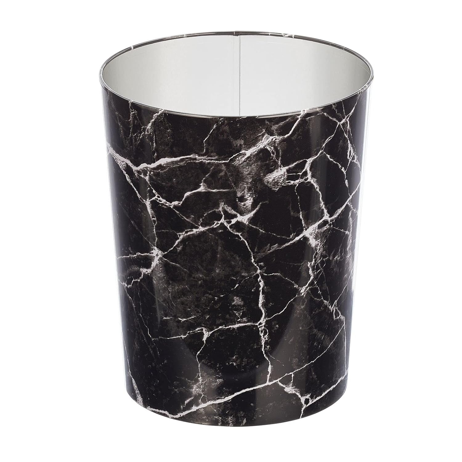 mDesign Round Metal Small 1.7 Gallon Recycle Trash Can Wastebasket, Garbage Container Bin for Bathrooms, Kitchen, Bedroom, Home Office - Durable Stainless Steel - Mirri Collection - Black Marble