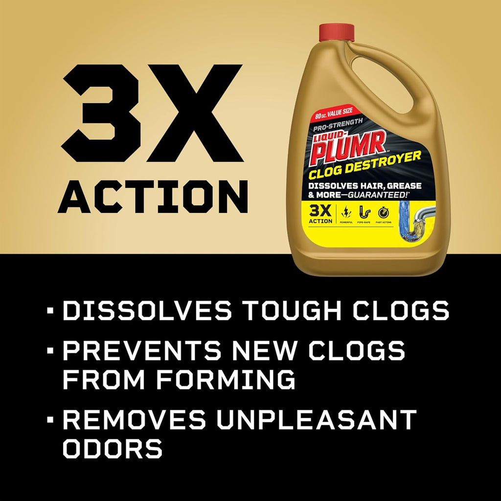 Liquid-Plumr Pro-Strength Clog Destroyer, Liquid Drain Cleaner, 80 Fluid Ounces (Package May Vary)