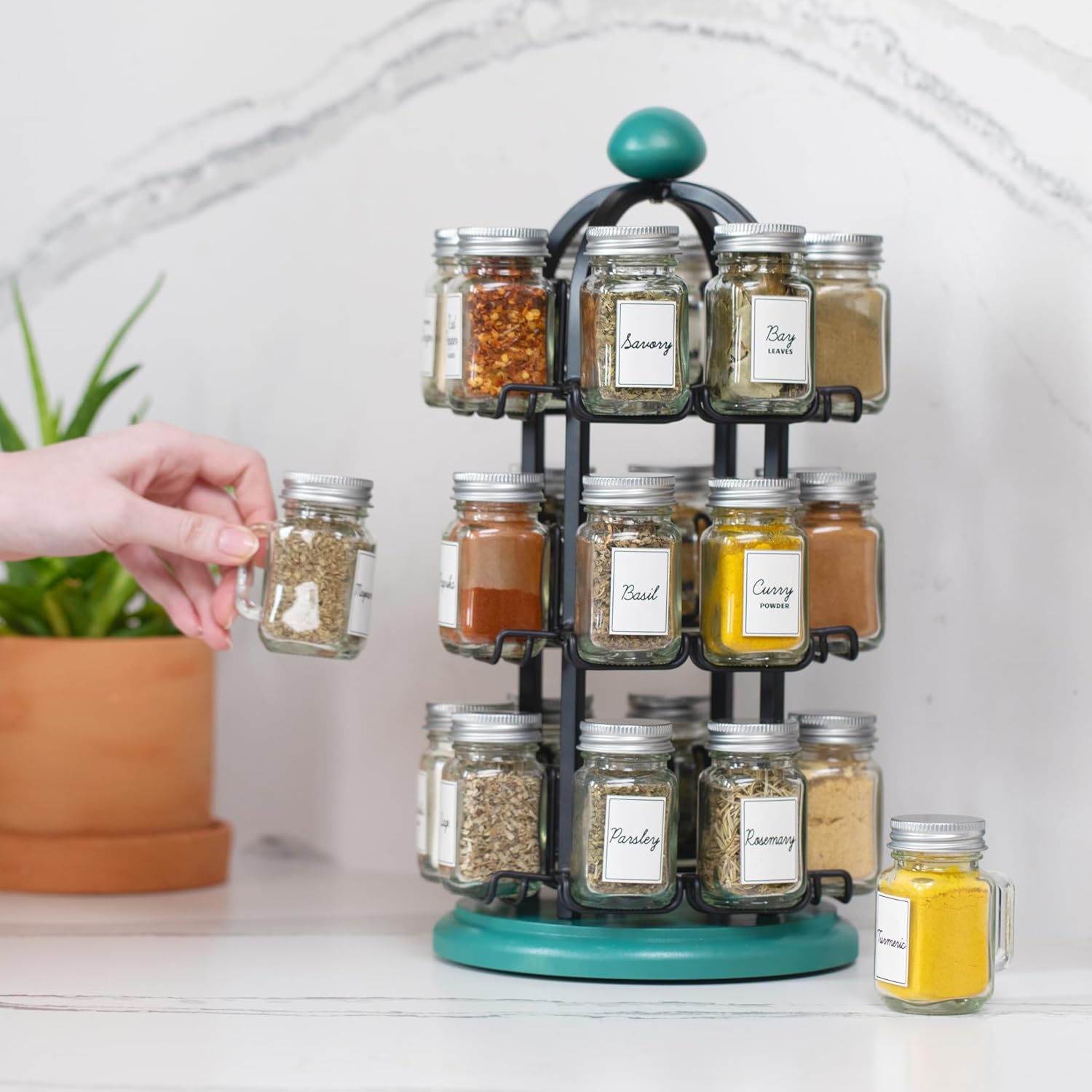 Orii Adrinova 24 Jar Revolving Spice Rack with Spices Included, Spice Organizer for Kitchen Countertop, Black & Green