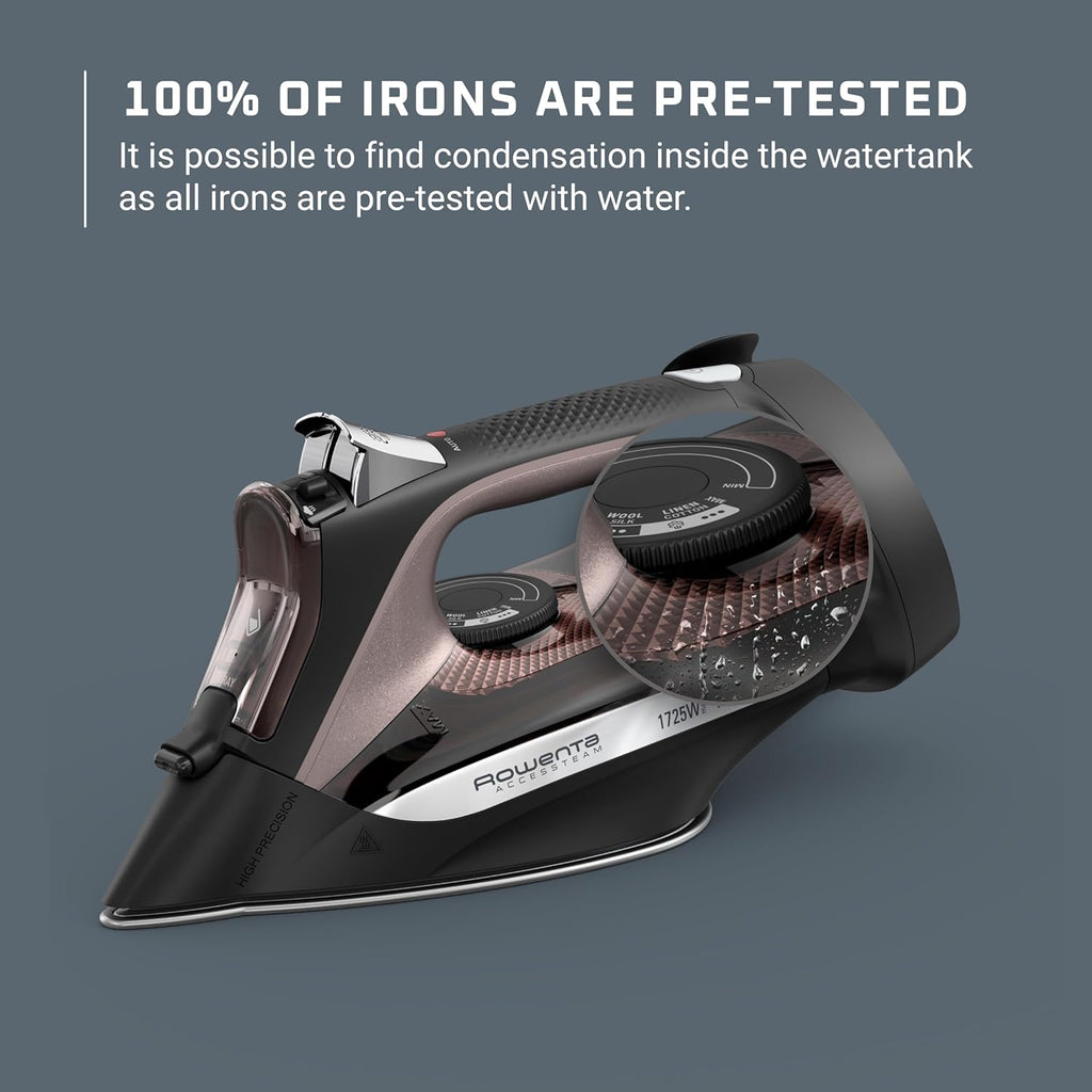 Rowenta Access Stainless Steel Soleplate Steam Iron with Retractable Cord, Powerful Steam Diffusion, Auto-Off and Anti-Drip, 1725 Watts, Black Clothes Iron, DW2459