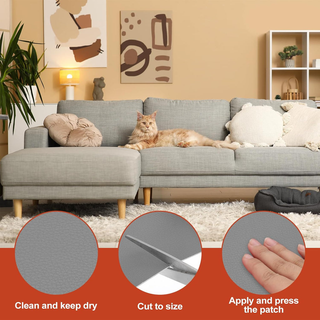 PATIKIL Leather Patches Tape for Furniture, 3.2 x 61 Inch Self Adhesive Vinyl Leather Repair Kit Cover Sheet for Couch, Sofa, Car Seats, Office Chair, Light Gray