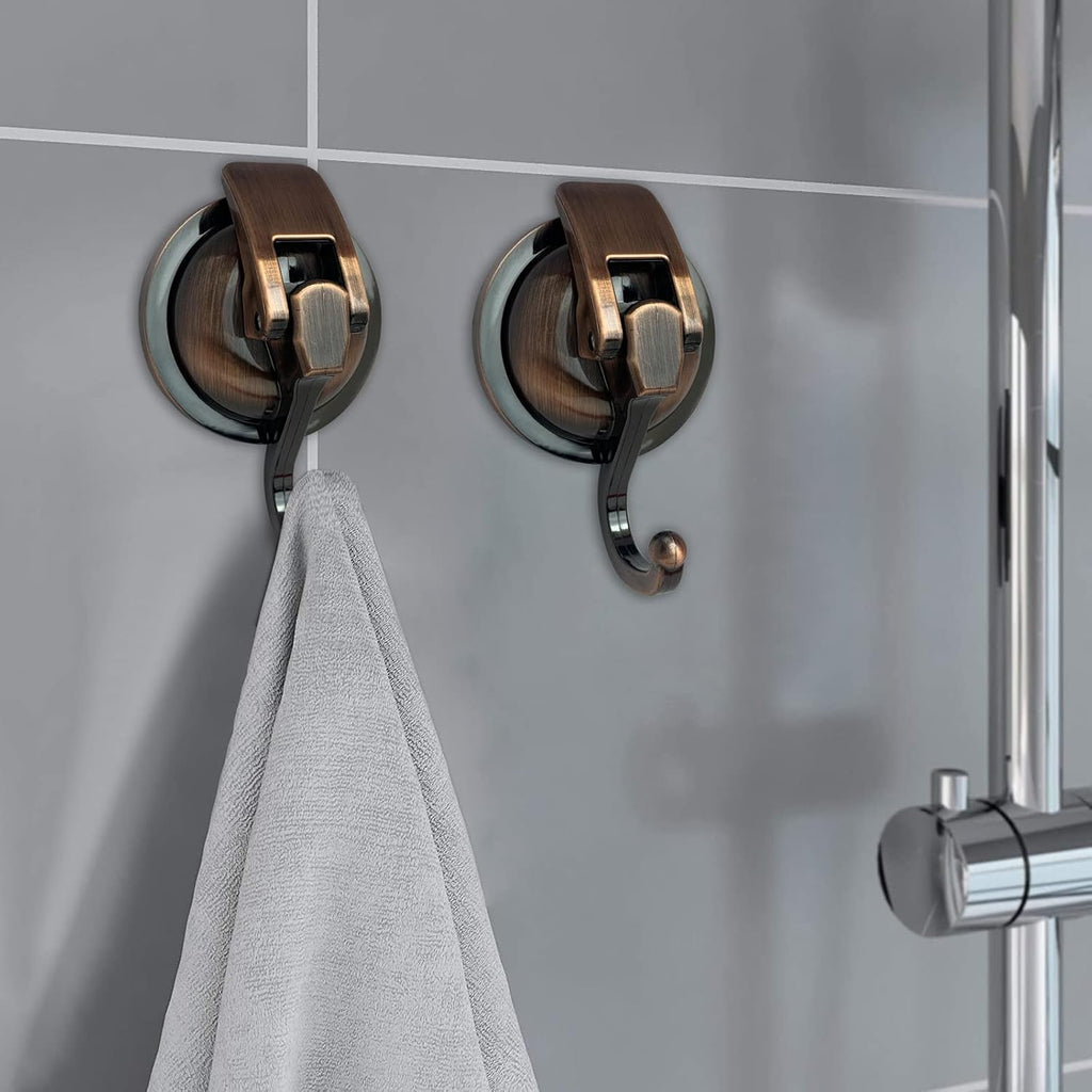 Suction Cup Hooks Heavy Duty Vacuum Suction Shower Hooks Glass Suction Cup Hooks Bathroom Robe Hooks Reusable, No Hole Punched, for Garland Decoration (Antique Brass, 4 Pack)
