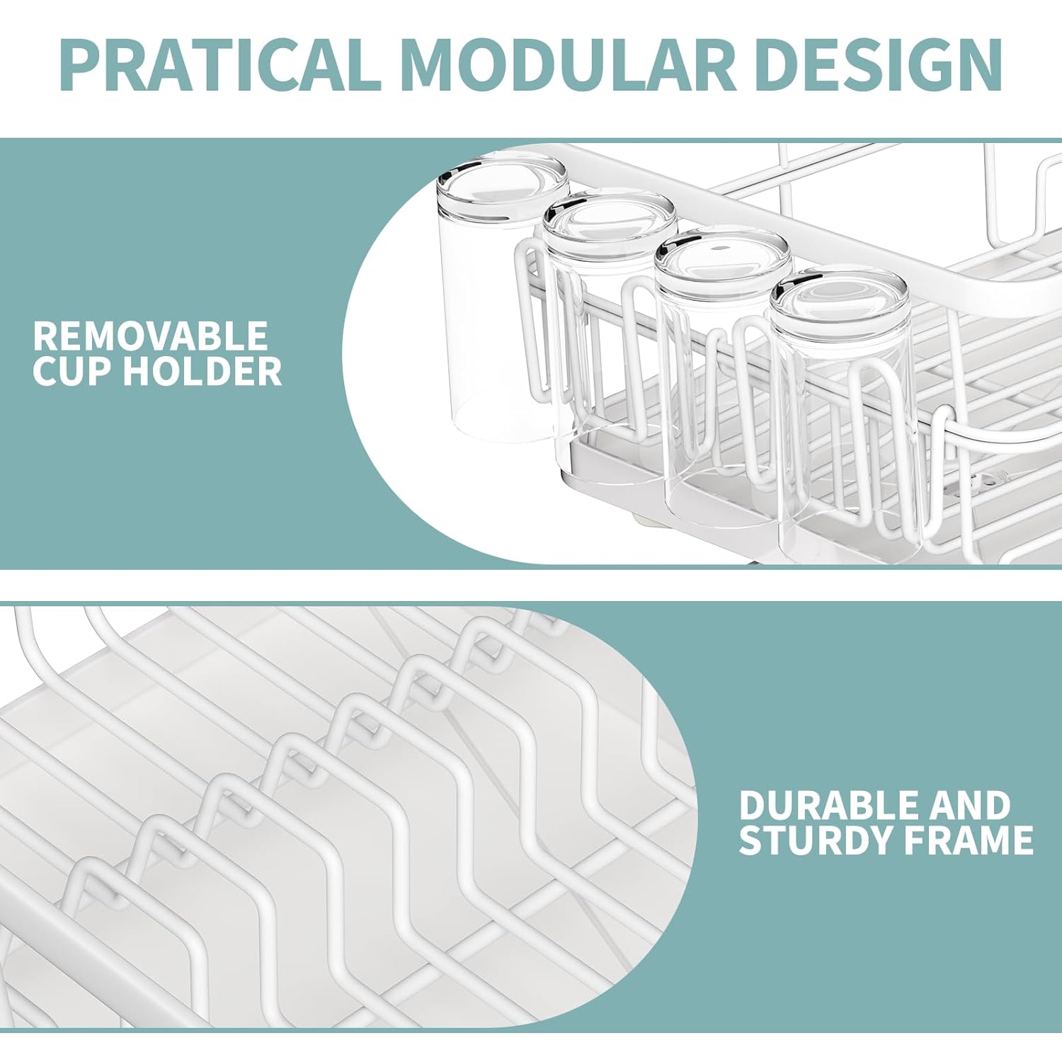 Dish Drying Rack for Kitchen Counter, Large Dish Racks with Drainboard, Kitchen Sink Dish Strainer Rack, Countertop Dish Drainer Rack with Cup & Utensil Holders, Dish Dryer Rack Large Sizw White
