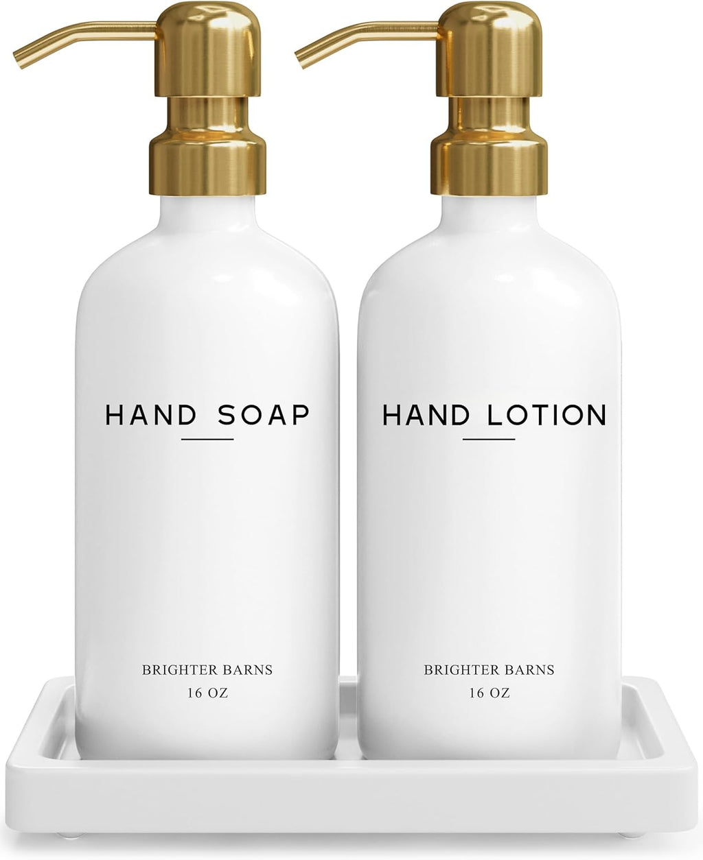Luxury Glass Soap and Lotion Dispenser Set with Tray by Brighter Barns - Hand Soap Dispenser Bathroom Set & Stainless Steel Pump for Home or Airbnb - White and Gold Bathroom Accessories & Decor (Gold)