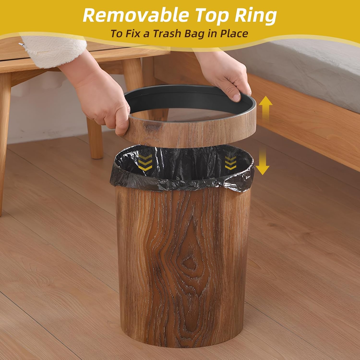 Wood Grain Plastic Trash Can Bedroom, Round 2-Pack, 3.4 Gal Farmhouse Wastebasket Bin Retro Style, Brown Trash Can for Room Aesthetic, Open Top Garbage Can for Office, Living Room, Hotel, Bathroom