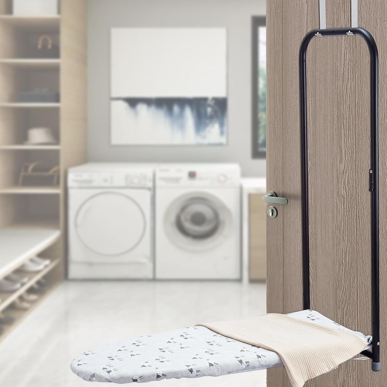 Over The Door Ironing Board Cover 13 x 37 inch, Small Iron Board Cover w 3 Layers Heat Reflective Thick Padding with Hook and Loop Fasteners (Gray Sheep)