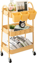 danpinera 3-Tier Rolling Cart, Metal Rolling Storage Cart with Lockable Wheels & Hanging Cups & Hooks, Mobile Trolley for Kitchen, Bathroom, Office, Workshop, Yellow