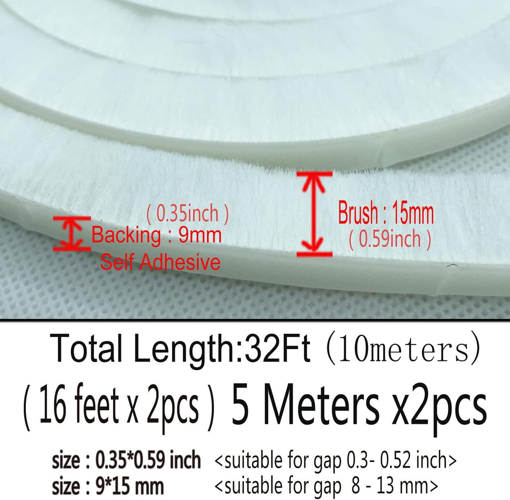 32 Ft Weather Stripping Self Adhesive Seal Strip Weatherstrip for Windows and Doors House Soundproofing(32ft x11/32 Backing x 9/16 Brush inch, White)