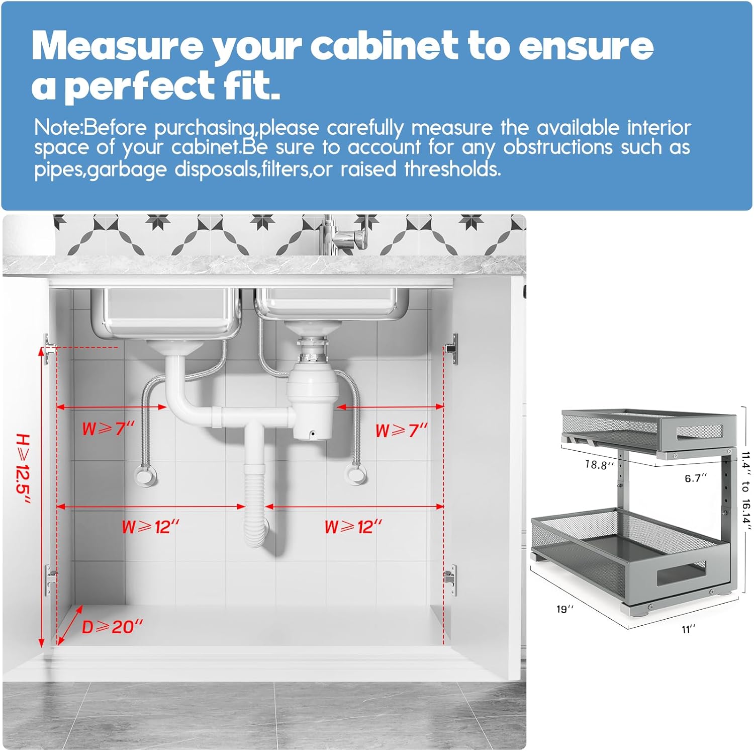 1 Pack 19IN Depth Under Sink Storage Organizer, Large 2-Tier Elegant Mesh Pull Out Shelf for Kitchen and Bathroom Cabinet Organization, L-Shaped and Adjustable Height Design-Gun Gray