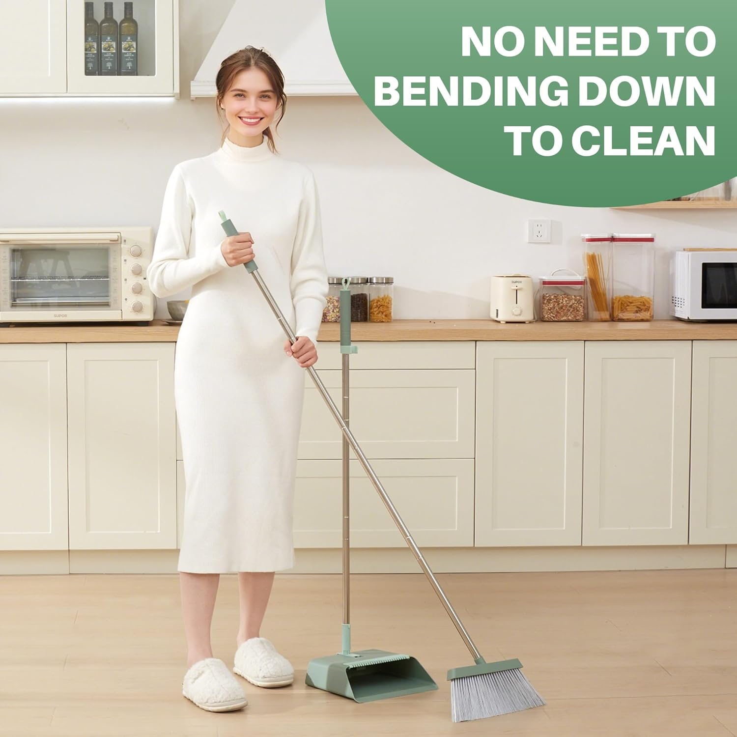 JOYMOOP Dark Teal Green Broom and Dustpan Set, Upright Angle with Built-in Comb Teeth, Ideal for Home, Office, Hardwood, Pet Hair