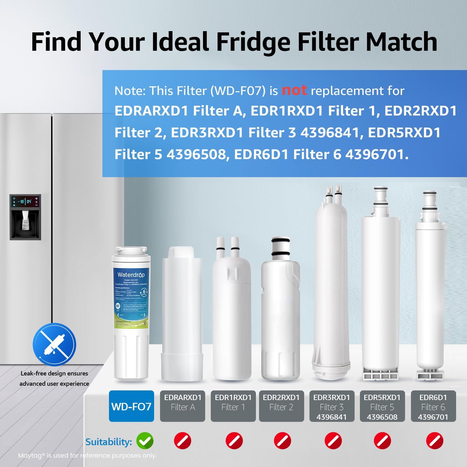 Waterdrop EDR4RXD1 Replacement for EveryDrop® Filter 4, Whirlpool® UKF8001, 4396395, Maytag® UKF8001AXX-200, UKF8001AXX-750, WD-F07, Refrigerator Water Filter, 4 Filters