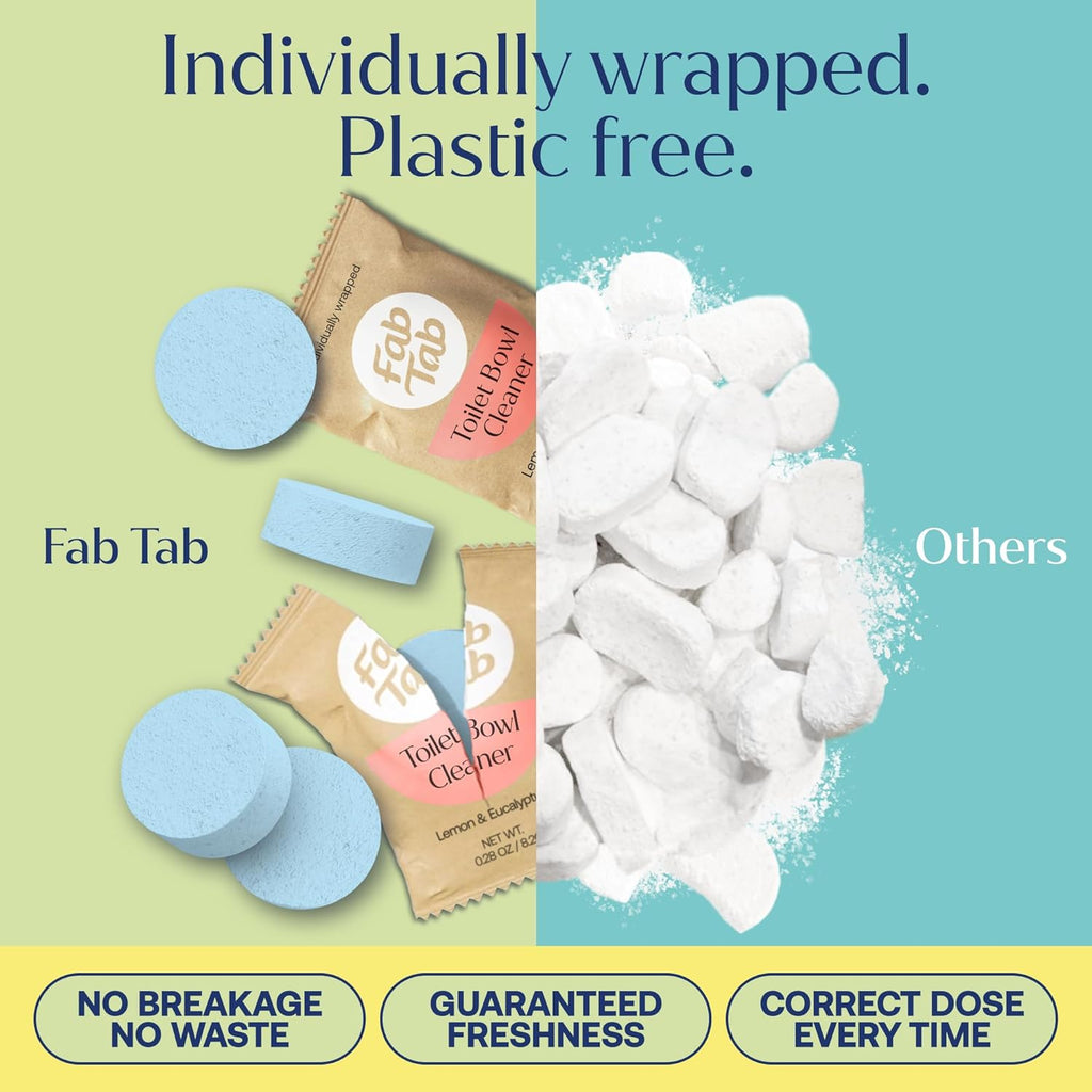 Fab Tab Toilet Bowl Cleaner Tablets, Powerful Stain Removal, No Harsh Chemicals, Plastic-Free, Removes Rust & Stains, Safe for Regular and Septic Tank Toilets, Lemon & Eucalyptus Scent