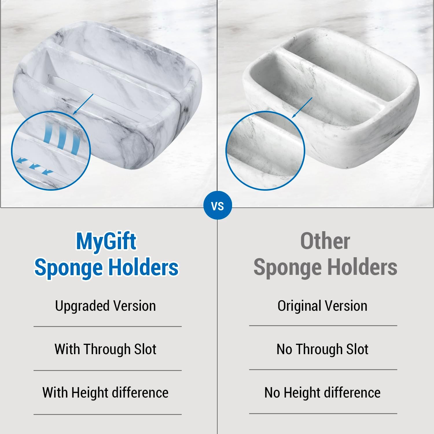 MyGift 5.4 Inch Deluxe Modern White Marble Pattern Resin Double Sponge Holder, Kitchen Sink Countertop Dish Cleaning Sponges or Scrubbing Pads Bowl with 2 Compartments