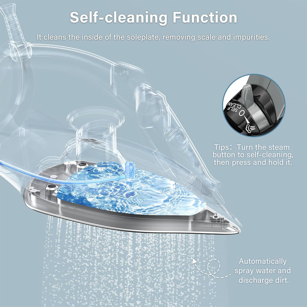 Steam Iron for Clothes, 1800W with 20.28oz Water Tank,Ceramic Soleplate,3-Way Auto-Off, 20s Fast Heat-up,Burst of Steam, Precision Tip,Self-Clean, Anti-Calc, Vertical Steamer for All Fabrics