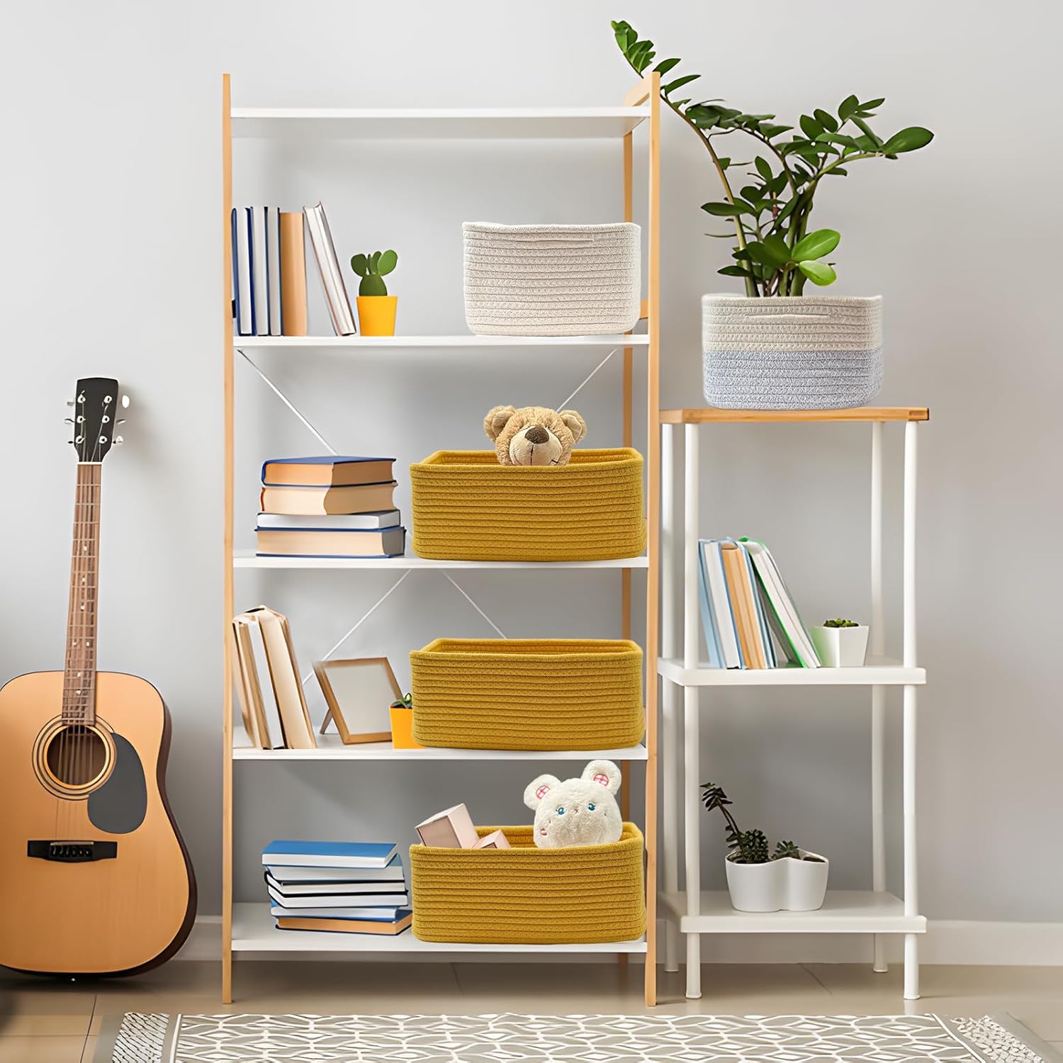 COMFY-HOMI 13" x 8.5" x 5.1" Storage Baskets for Organizing | Cotton Rope Woven Basket | Toy Storage Bin Box | Basket for Shelves, Closet Organizer Bin, Decorative Closet Shelf, 3 Pack, Yellow