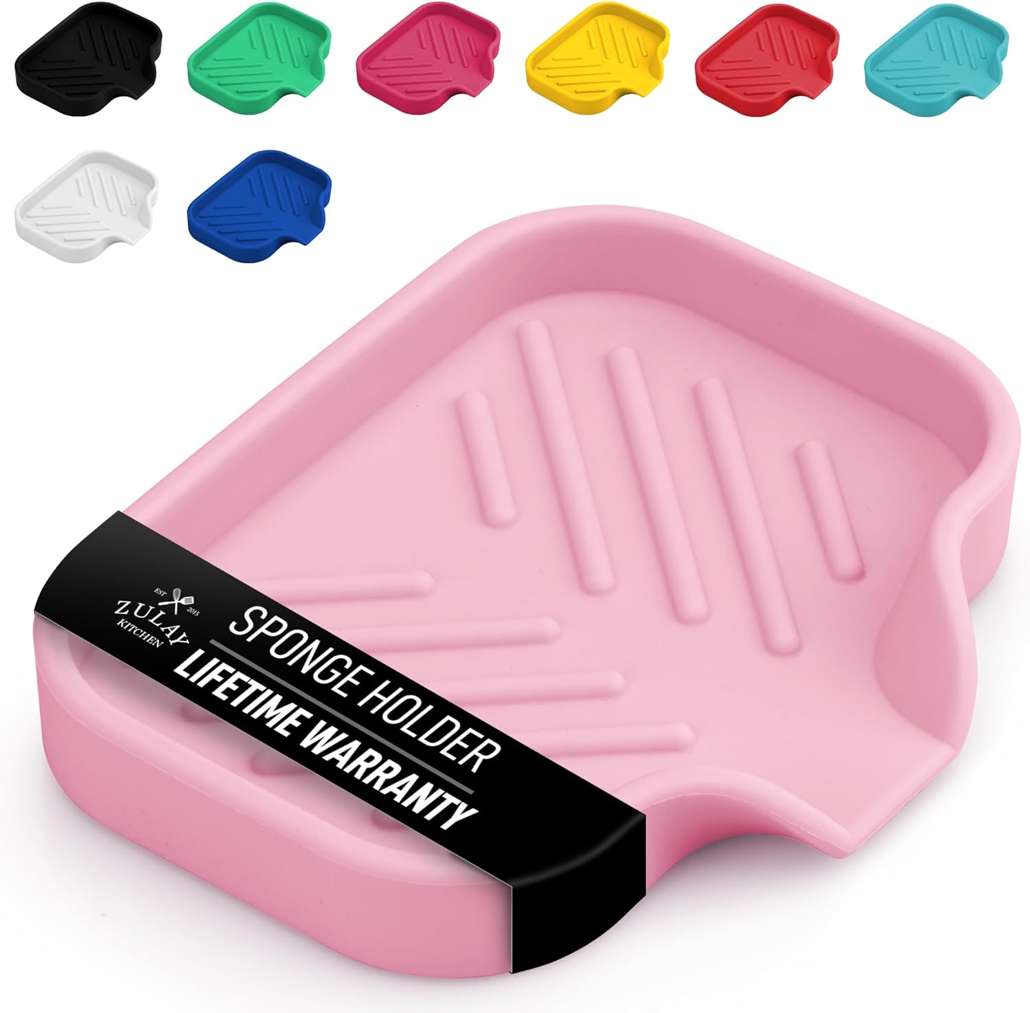 Zulay Kitchen Small Silicone Sponge Holder (4.9x3.3”) – Space-Saving Sink Organizer Tray for Sponge, Soap, Brush & More – Compact Non-Slip Dish for Kitchen & Bathroom (Pink)