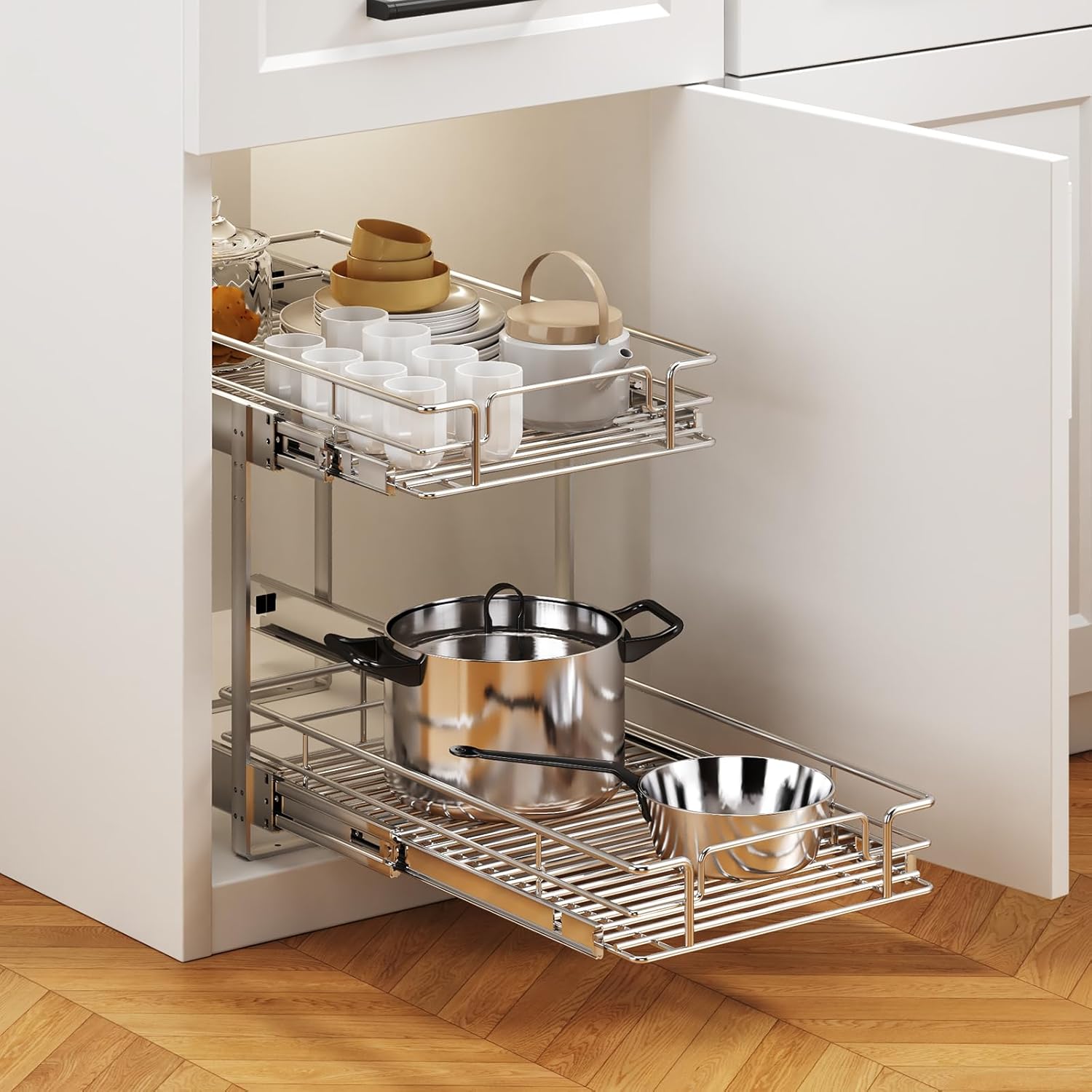 2 Tier Individual Pull Out Cabinet Organizer 13½" W x 18" D, Heavy Duty Cabinet Pull Out Shelves, Slide Out Drawers Organization for Kitchen Cabinets Bathroom