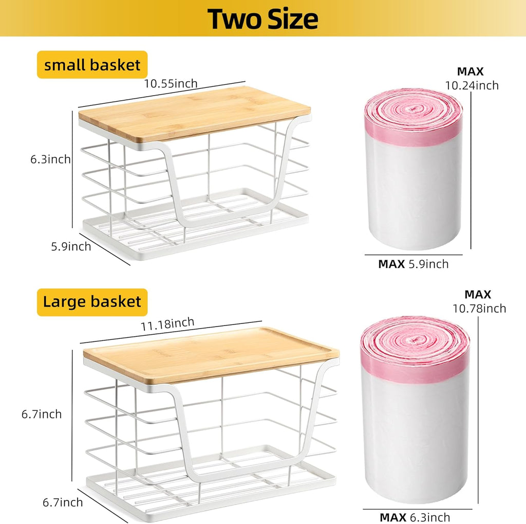 ALOCEO 2 Pack Extra Large Trash Bag Holder with Bamboo Top, Wall Mount Stainless Steel Organization and Storage for Kitchen Sink, White