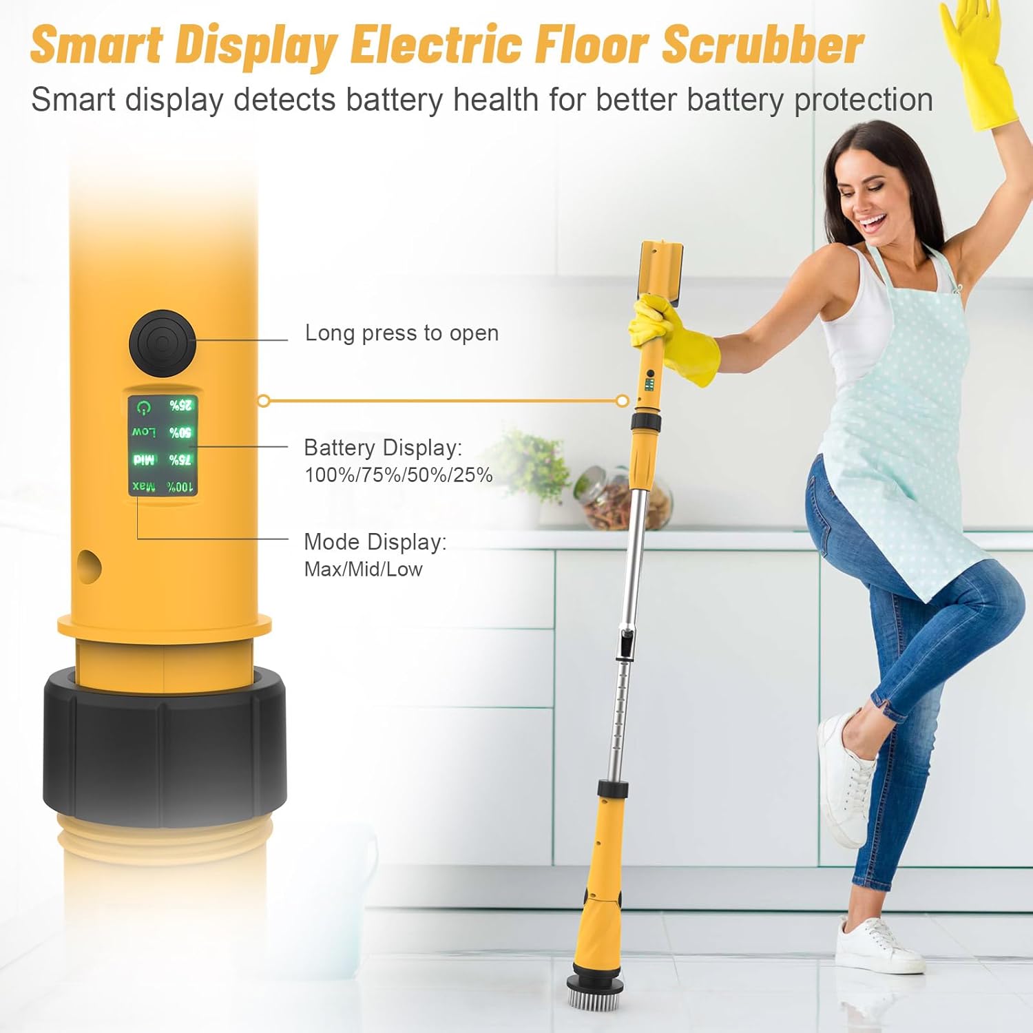 Qimedo Upgrade 1200 RPM Battery Electric Spin Scrubber, Highly Powerful Cordless Cleaning Brush with Smart Display, Electric Tile Floor Scrubber with 8 Brushes, Battery Powered Shower Scrubber