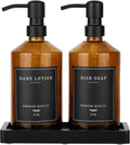 Amber Glass Soap Dispenser, Bathroom Hand Soap Dispensers with Stainless Pump, 17 Oz Kitchen Hand and Dish Soap Dispenser Set, Modern Liquid Soap Lotion Dispenser (Amber Bottle/Black Pump)