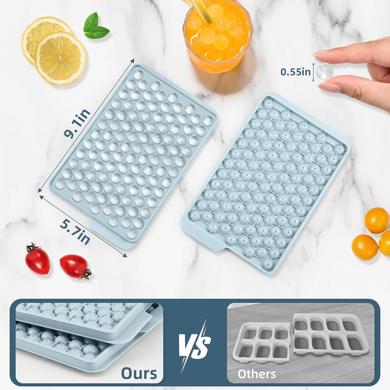WIBIMEN Mini Ice Cube Trays, Small Tiny Round Pebble Crushed Nugget Ice Trays for Freezer with Lid - Chilling Drinks Coffee Juice(4 Pack/0.55In - Blue)