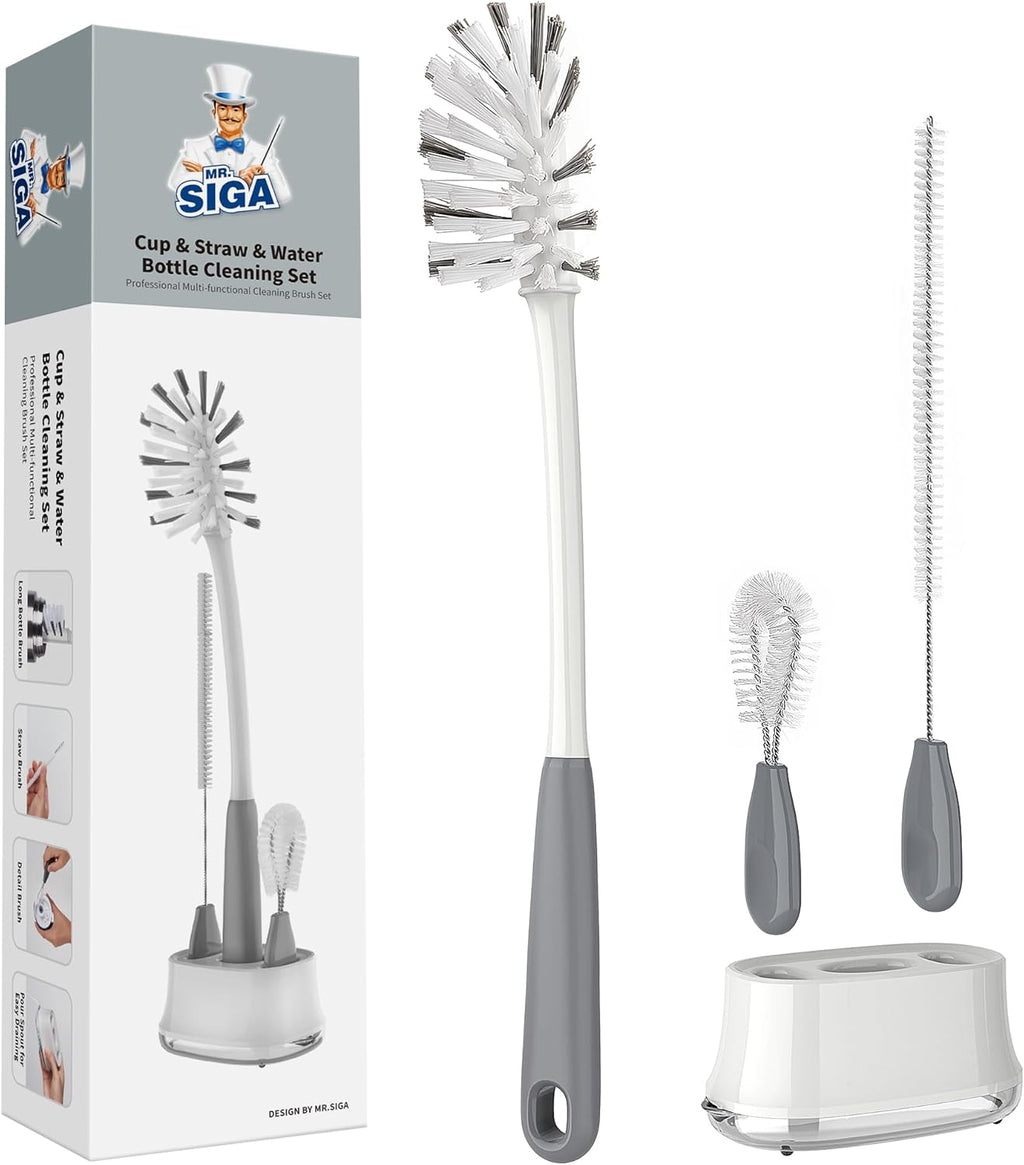 MR.SIGA Water Bottle Brush Cleaning Set with Storage Holder, Cleaning Brushes for Tumbler, Straw, Baby Bottles, Drinking Glasses