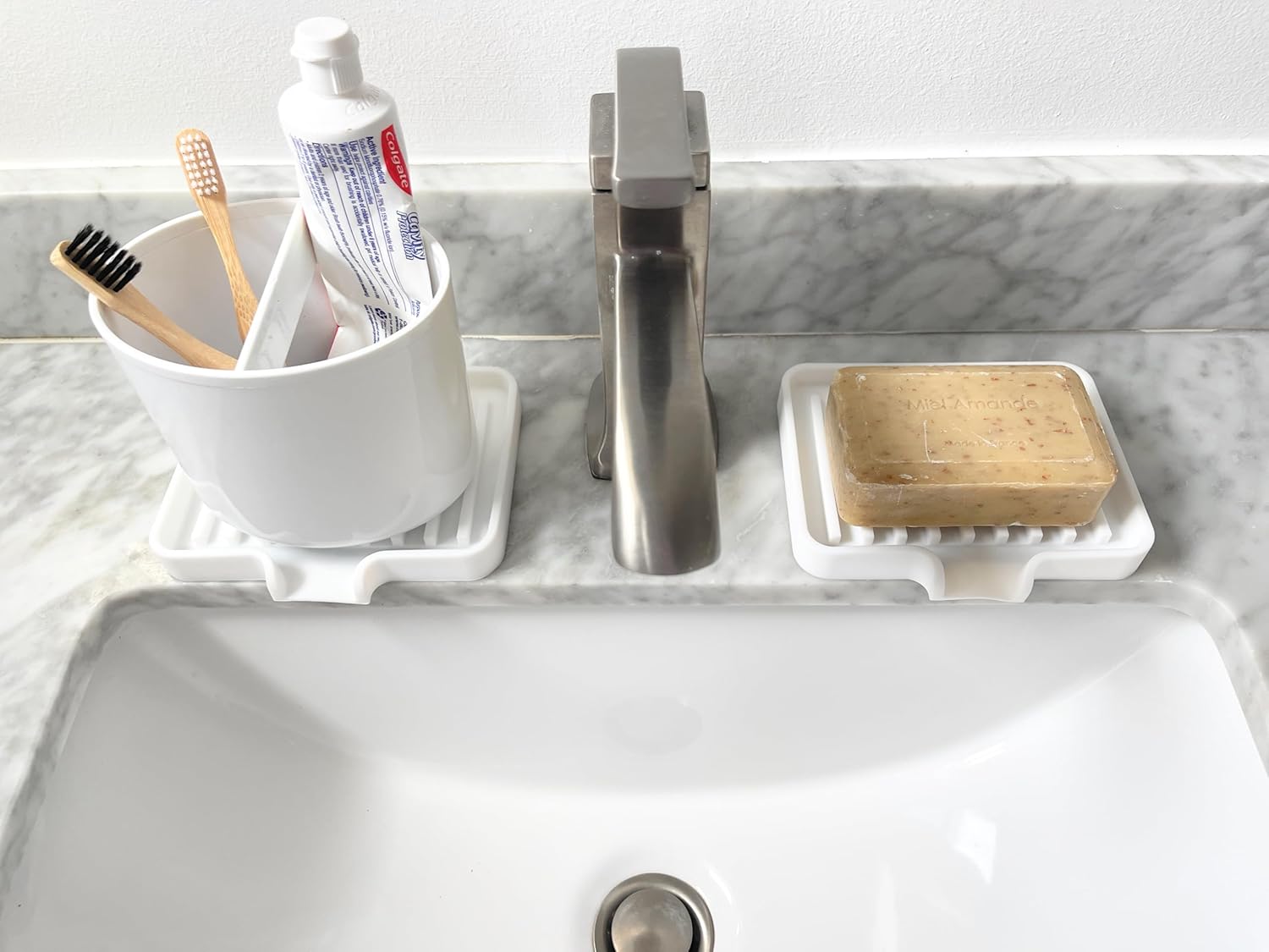 Happitasa Silicone Soap Dish Tray and Sponge Holder with Drain Chute, Pack of 2 | Bathroom and Kitchen Sink Organizer Caddy (White, 5.2"x4", 7.2 Ounces)