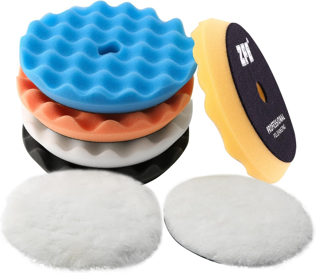Buffing Polishing Pads, ZFE 7Pcs 5"(125mm) Waffle Foam Buffing Pads Polishing Pads Wool Pad Kit for 5Inch Backing Plate RO/DA/GA Car Polisher Boat Compounding, Polishing and Waxing