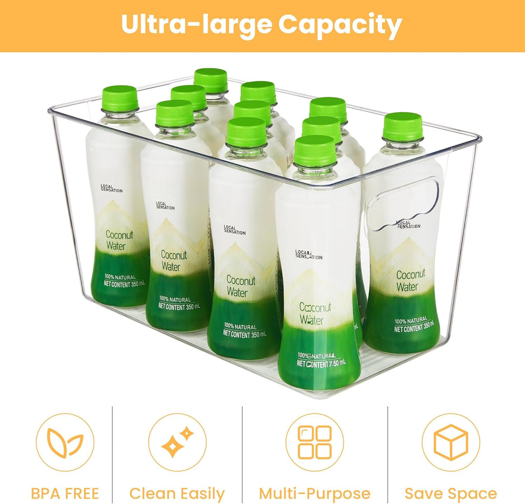 YIHONG Clear Plastic Storage Bins, 4 Pack Pantry Organizer Bins with Handle for Kitchen, Freezer,Cabinet,Closet Organization and Storage(XL)