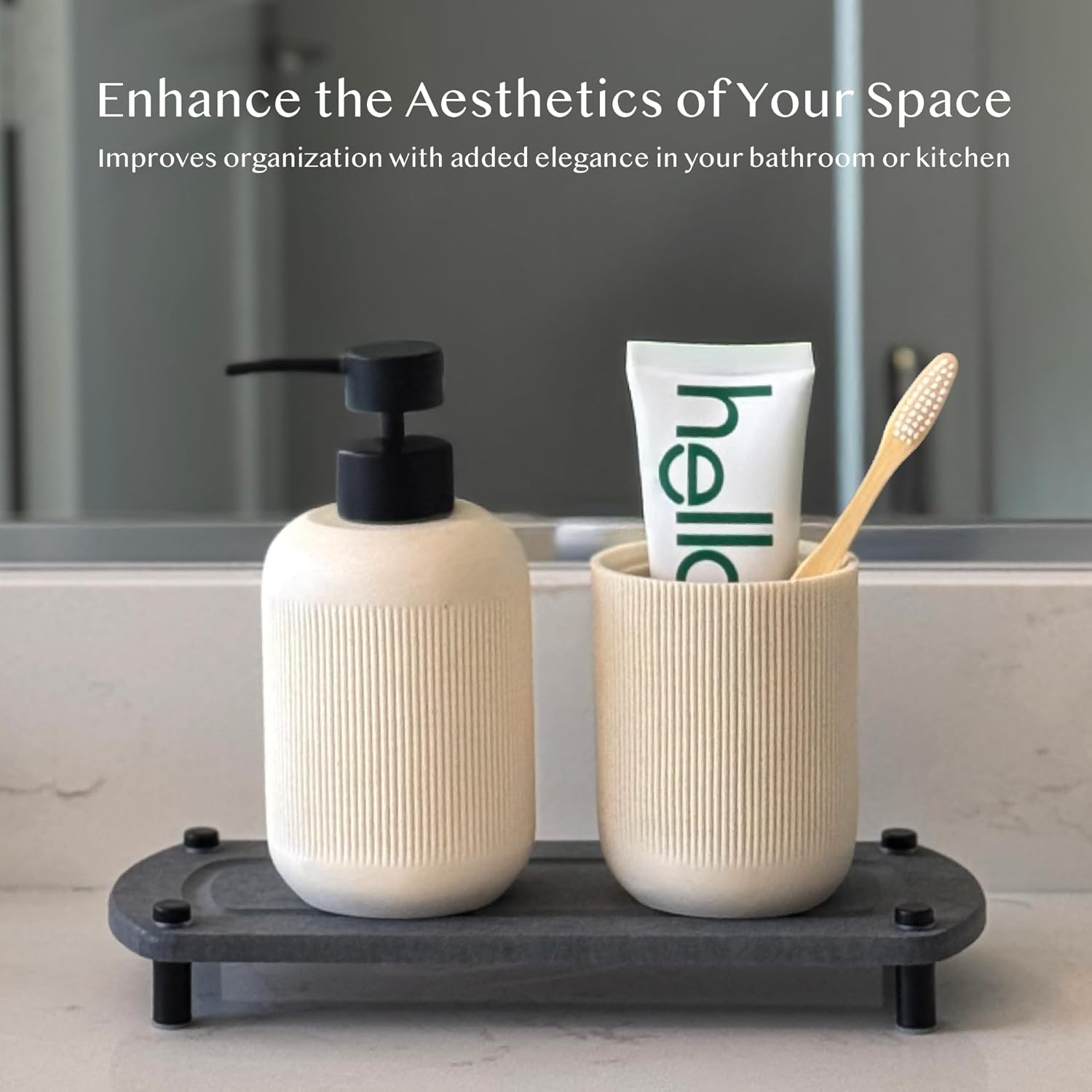 2PCS Instant Dry Sink Caddy Organizer, Fast Drying Sponge and Soap Dispenser Holder for Kitchen and Bathroom Countertop, Stainless Steel Feet, and Non Slip Bottom Dark Gray