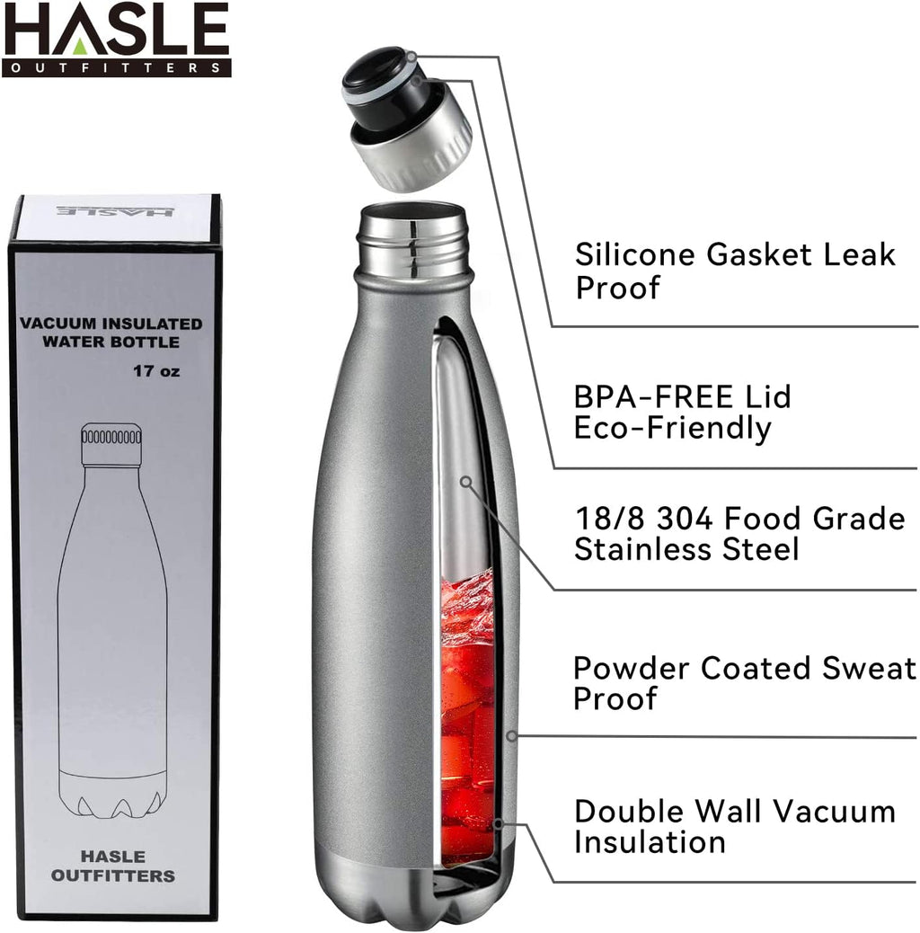 HASLE OUTFITTERS 17oz Stainless Steel Water Bottles Bulk, Vacuum Insulated Water Bottles Double Walled Reusable Metal Sports Water Bottles Keep Drinks Hot and Cold, Gray, 4Packs