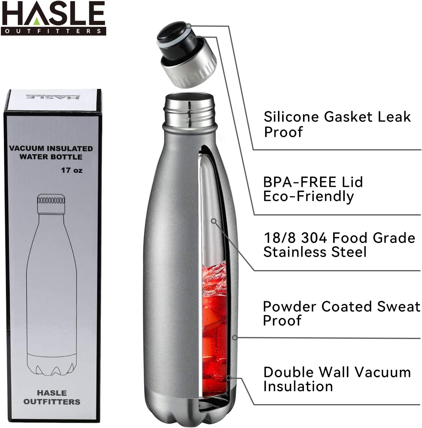 HASLE OUTFITTERS 17oz Stainless Steel Water Bottles Bulk, Vacuum Insulated Water Bottles Double Walled Reusable Metal Sports Water Bottles Keep Drinks Hot and Cold, Gray, 4Packs