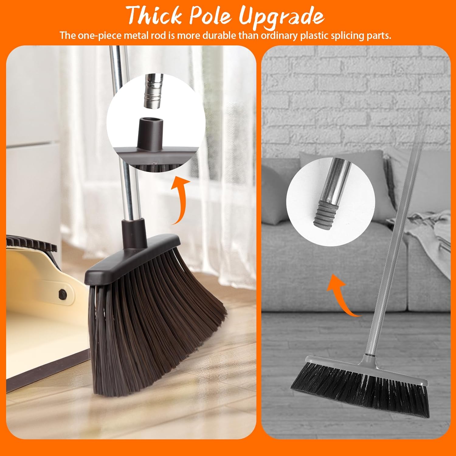 Broom and Dustpan Set, Dustpan Combo with 51" Stainless Steel Long Handle Brooms with 5-Layer Soft Bristles for Home Office Kitchen Bathroom(Beige)