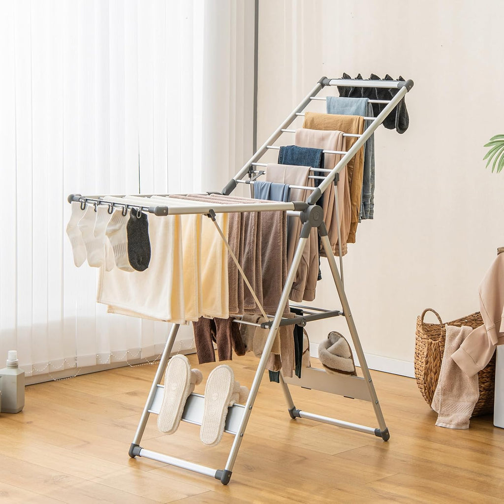 Giantex Clothes Drying Rack, 2-Layer Aluminum Foldable Laundry Drying Rack with 5-Level Adjustable Height, 21 Drying Rails, 10 Side Clips, 4 Shoe Holders, Space Saving Collapsible Laundry Drying Rack