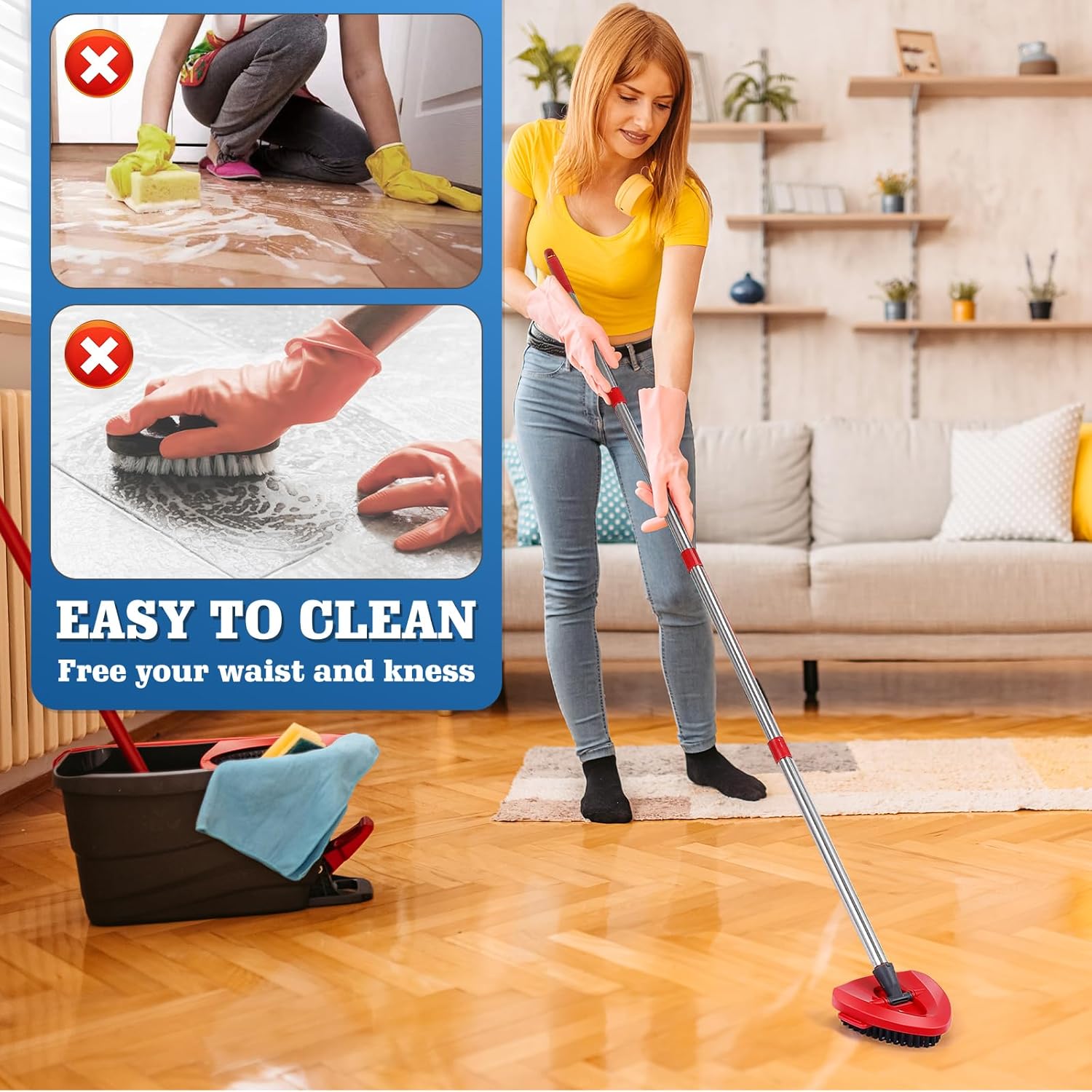 2 Pcs Full-Coverage Spin Mop Scrub Brush Head and 1 Mop Base Part Replacement for Oceda EasyWring 1 Tank System,Hard Bristle Cleaning Brush for Bathroom Kitchen Tile