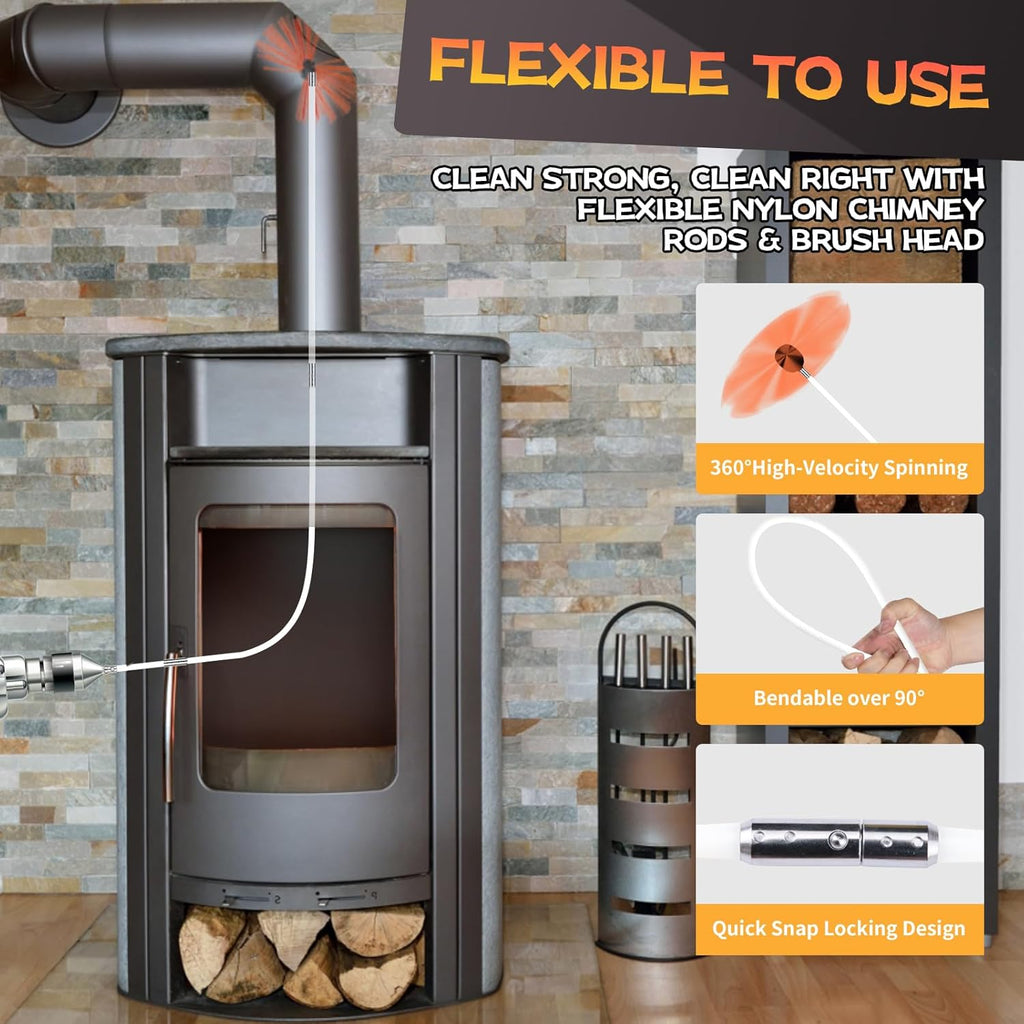 20 Feet Chimney Sweep Kit, Chimney Cleaning Kit with 6 Flexible White Chimney Rods, Rotary Chimney Cleaning System Driven by Drill for Sweeping Fireplace, Chimney Cleaners with Strong Brush