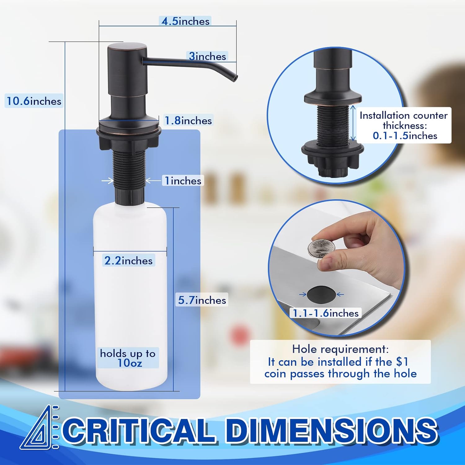 Kitchen Sink Soap Dispenser, WEWE Built in Soap Dispenser Kitchen Countertop Oil Rubbed Bronze Refillable Under Sink Black Pump Liquid Soap Dispenser for Kitchen Sink Stainless Steel Under Counter