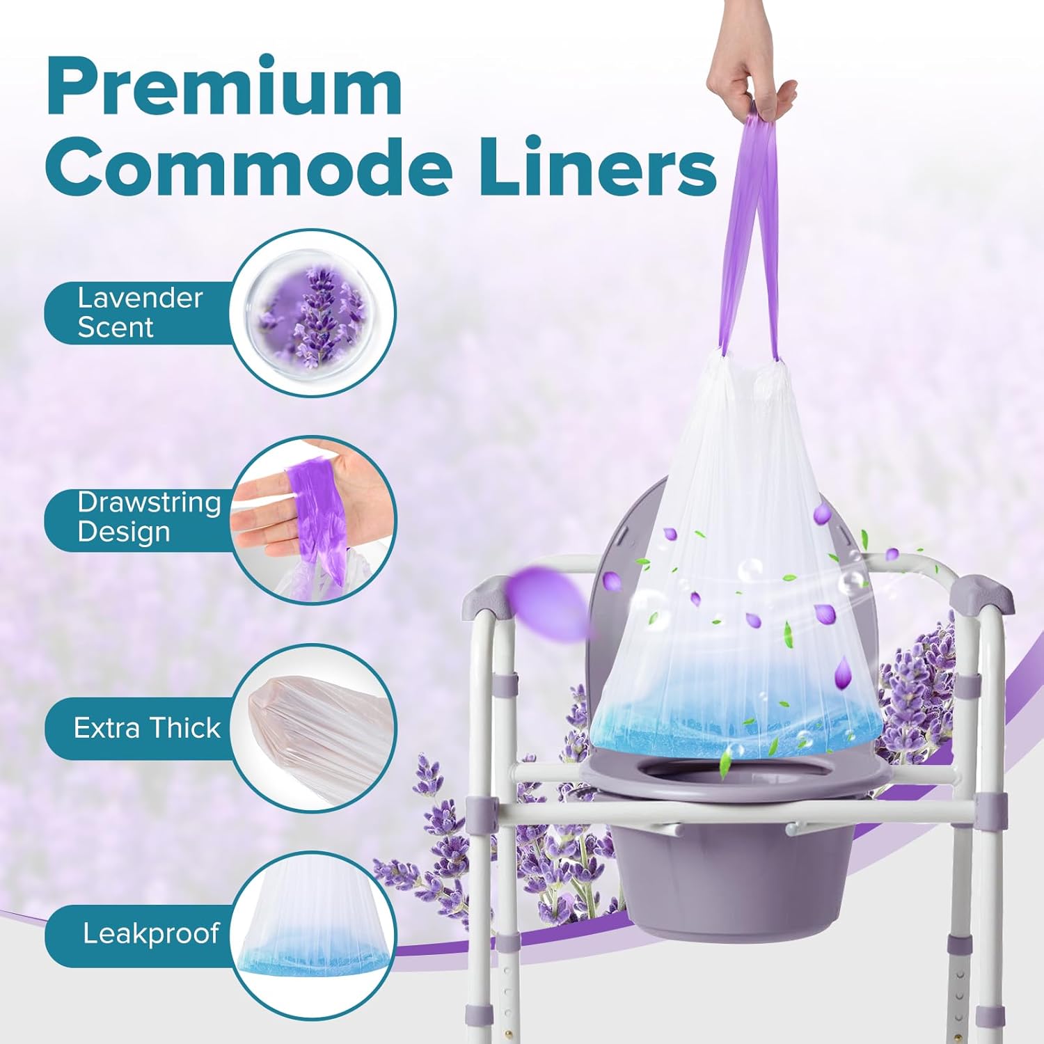 Maliton 120 Commode Liners with Absorbent Pads, Portable Toilet Bags for Bedside Commode Toilet, Lavender Scent Leakproof Bags Fit Most Commode Chairs and Potties (120 Potty Bags+120 Potty Liners)
