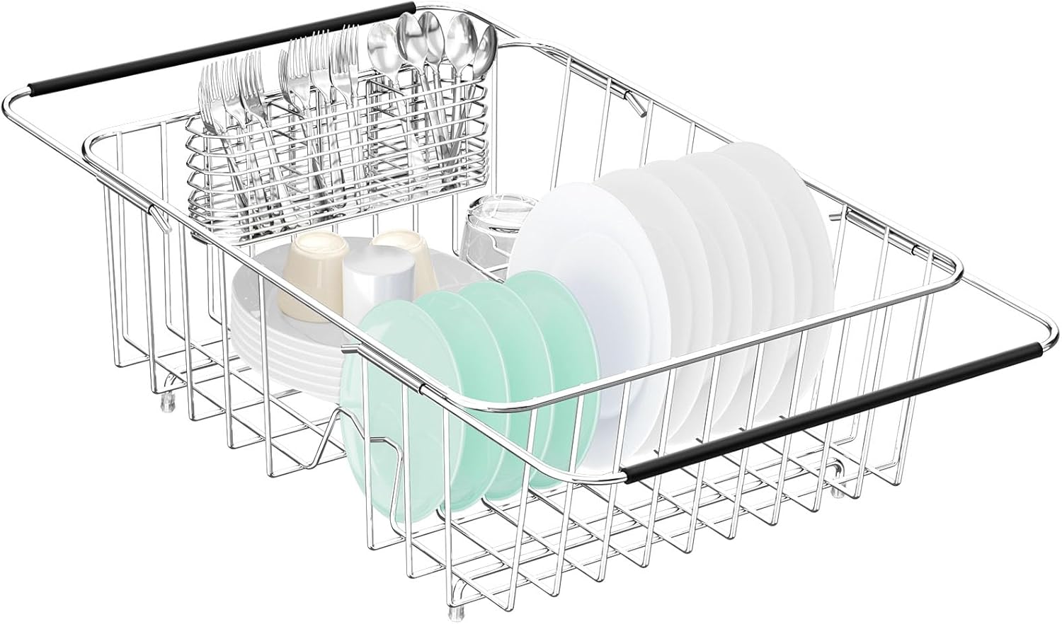 Large Dish Drainer Rack in Sink Adjustable, Expandable 304 Stainless Steel Metal Dish Drying Rack Organizer with Stainless Steel Utensil Holder Over Inside Sink Counter, Rustproof