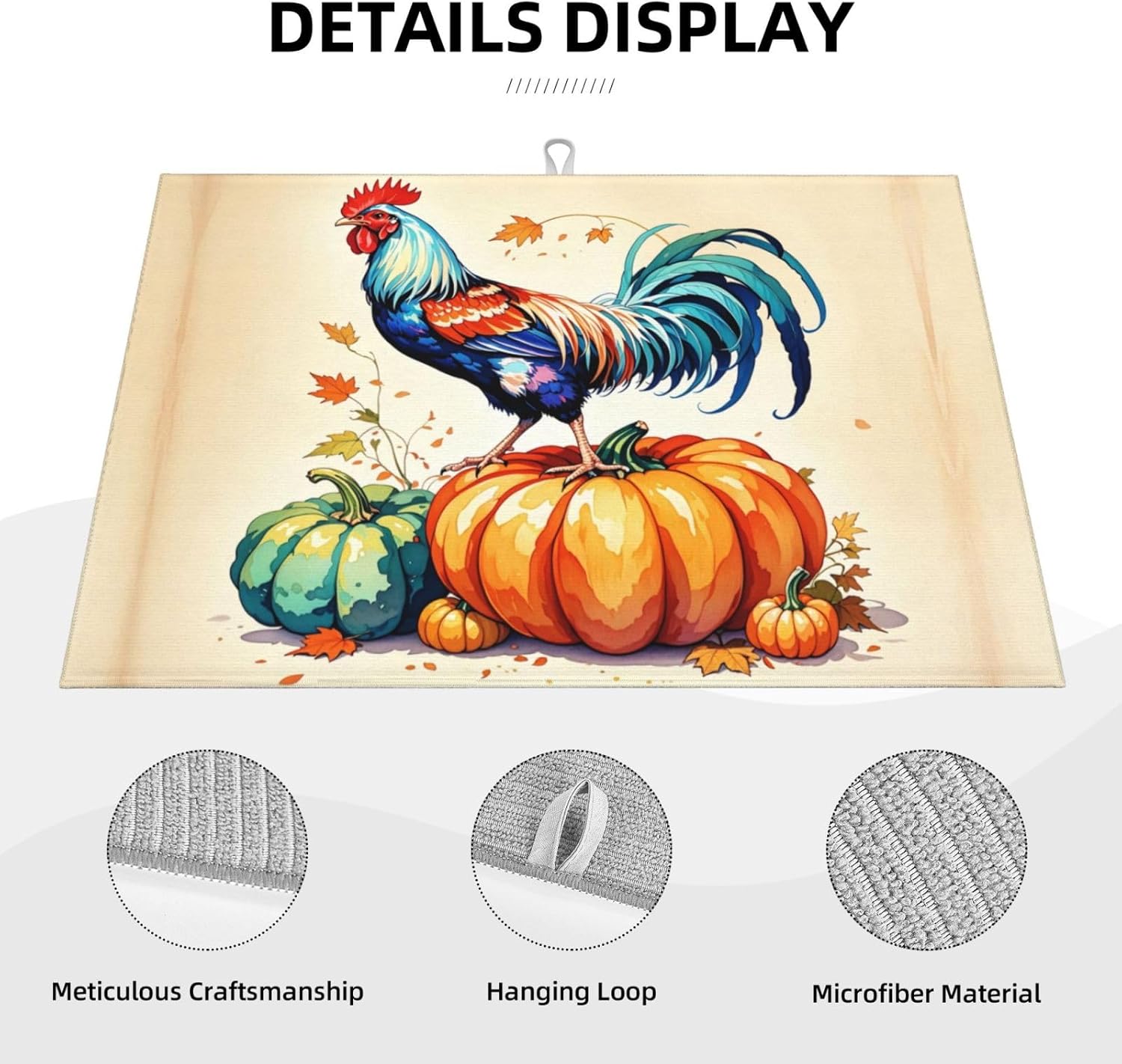 Rooster Pumpkin Dish Drying Mat Highly Absorbent Double-Sided Microfiber with Hanging Loop Reversible Drain Dish Rack Mat Drain Mat Suitable for Kitchen Countertop Coffee Bar 18 x 24 Inch