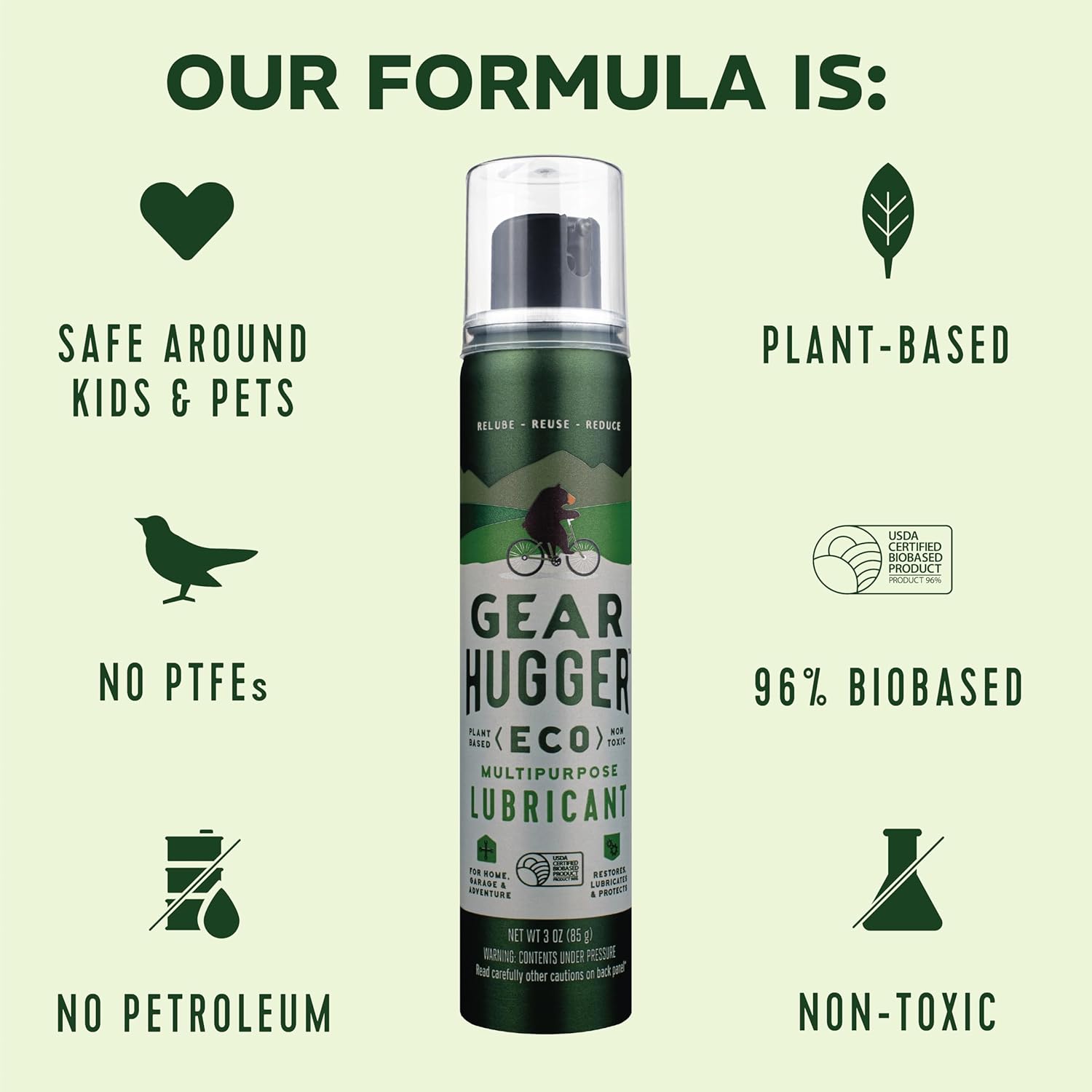 Gear Hugger Multipurpose Lubricant - Eco-Friendly (3 oz, Pack of 6), Rust Remover - Garage Door Lubricant Spray, Door Hinge Lubricant & Lock Lubricant - Plant-Based, No Petroleum, No PTFE