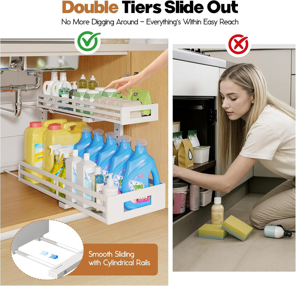 2-Pack 20.47"Deep Under Sink Organizer And Storage,2-Tier L-Shaped Pull Out Cabinet Organizer with Upgraded Slide Rails,Height Adjustable Drawers for Kitchen&Bathroom,Extra-Large Storage Shelves–White