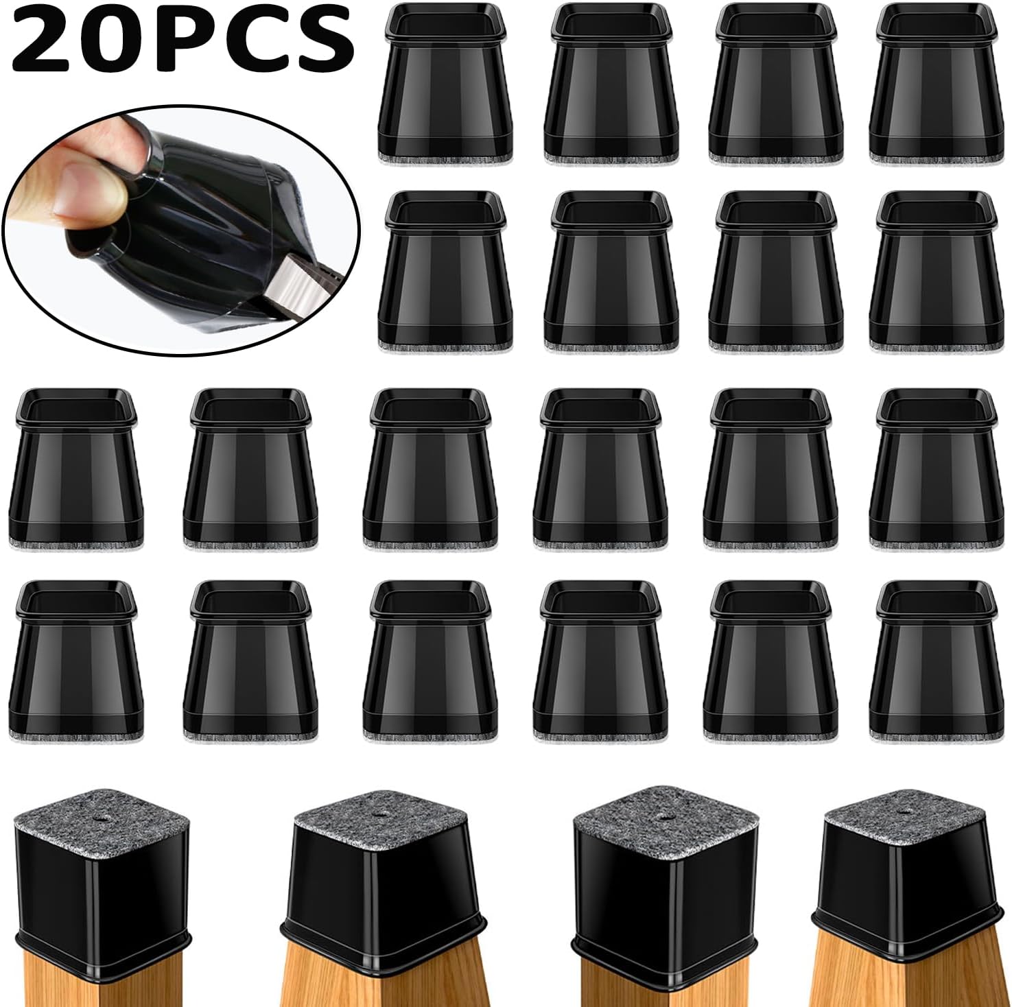 BUMACO Chair Leg Floor Protectors Square Chair Leg Protectors for Hardwood Floors 20Pcs Silicone Covers to Protect Floors Square (Black-L Fit 1-1/16" to 1-5/8")