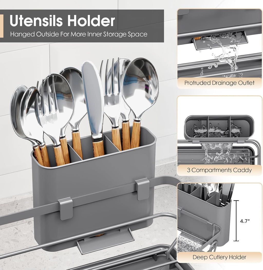 Dish Drying Rack for Kitchen Counter, Sink Dish Rack with Drainboard, Large Dish Drainer with Cups Holder, Home Countertop Plate Dryer Storage Rack with Cutlery Holder, Gray